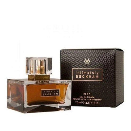 David Beckham Intimately Men's cologne bottle and packaging, featuring a square bottle with rose gold accents and a black box with the product name and David Beckham's signature.