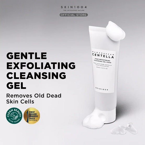 SKIN1004 Gentle Exfoliating Cleansing Gel on a gray background with brand logo and product details.
