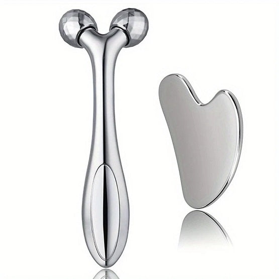 3D Massager Face Lift Facial Roller and Gua Sha Tool - Plactic Silvery