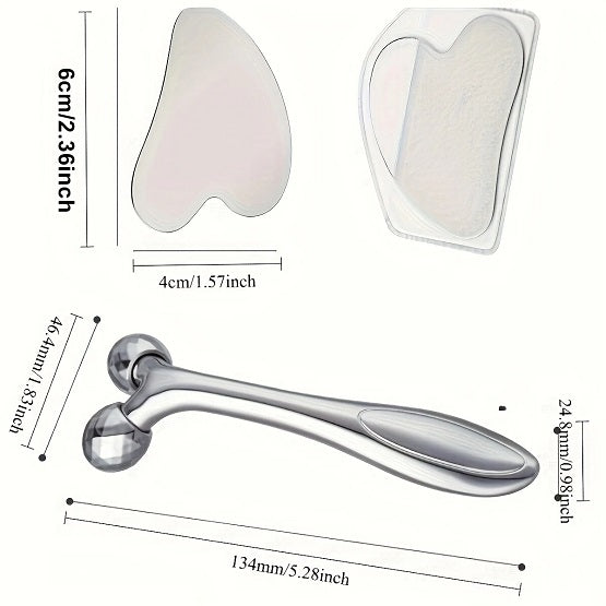 3D Massager Face Lift Facial Roller and Gua Sha Tool - Plactic Silvery