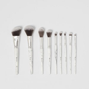 BH COSMETICS - WHITE MARBLE 9 PIECE BRUSH SET WITH ANGLED BRUSH HOLDER